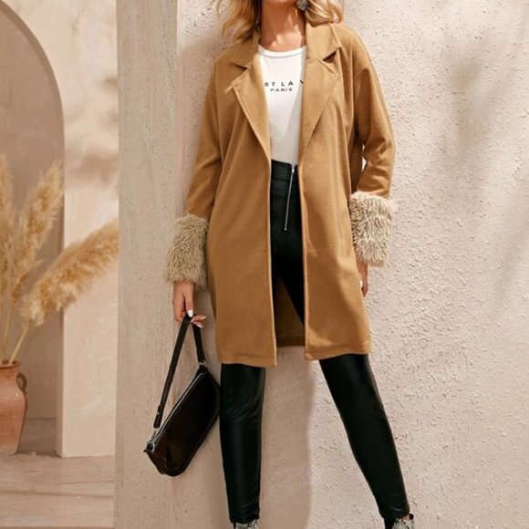 Camel Brown Open Coat with Faux Fur Cuffs in M & L - Picture 4 of 4